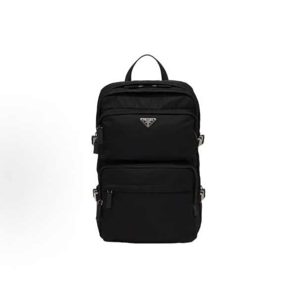 PRADA Re-NylonSaffiano enamel metal triangular logo zipper opening and closing schoolbag backpack backpack Black couple style for both men and women